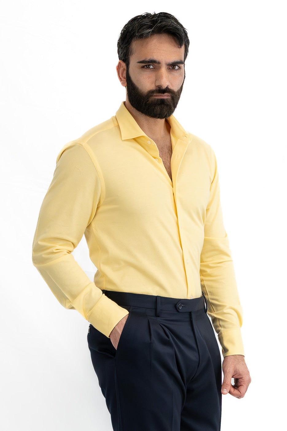 Camicia Uomo Gialla in piquet slim fit cotone 100% Collo semi francese tinta unita sartoriale.