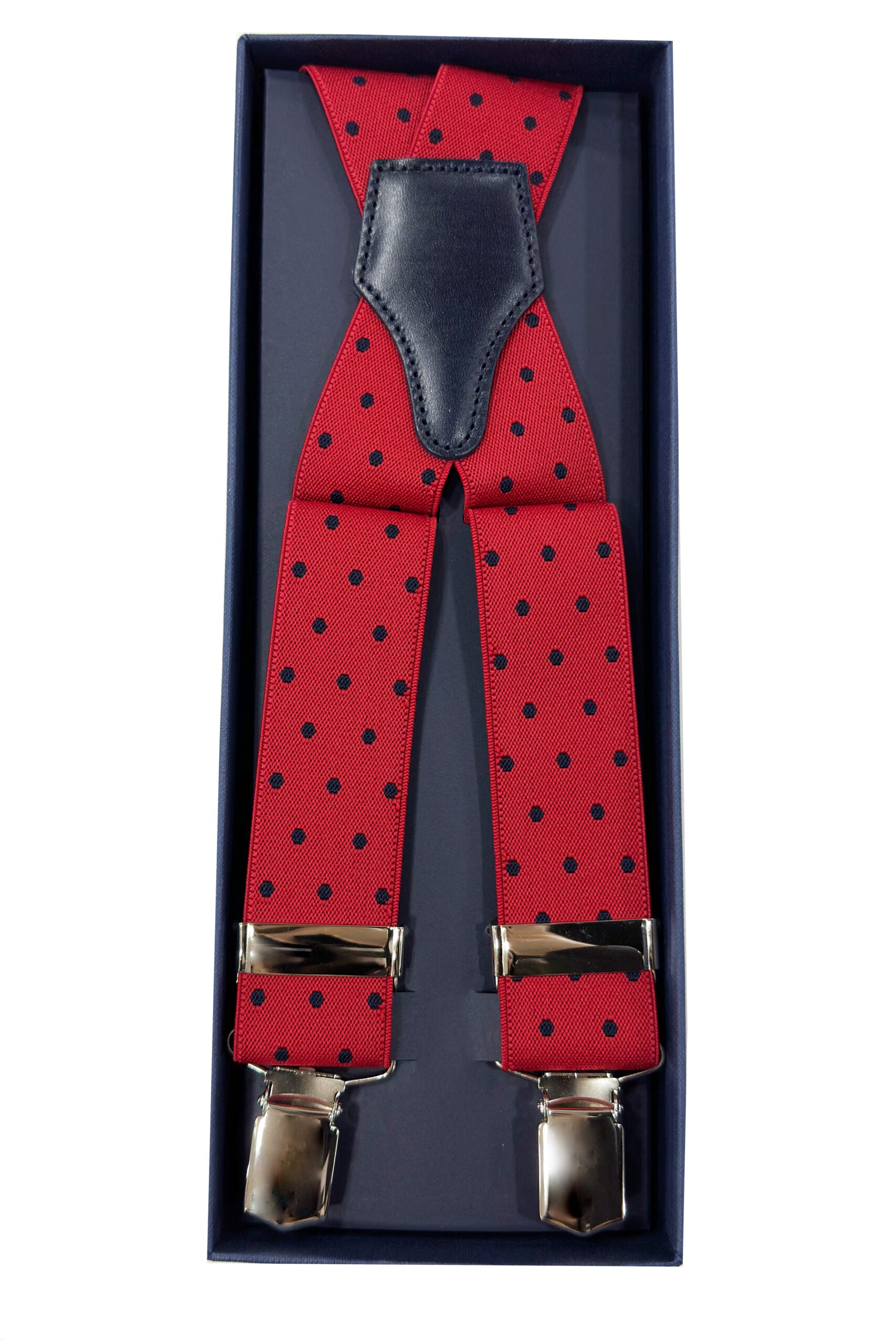 Bretelle da uomo rosse fantasia Elasticizzate 3,5 cm regolabili con chiusura pinze argento