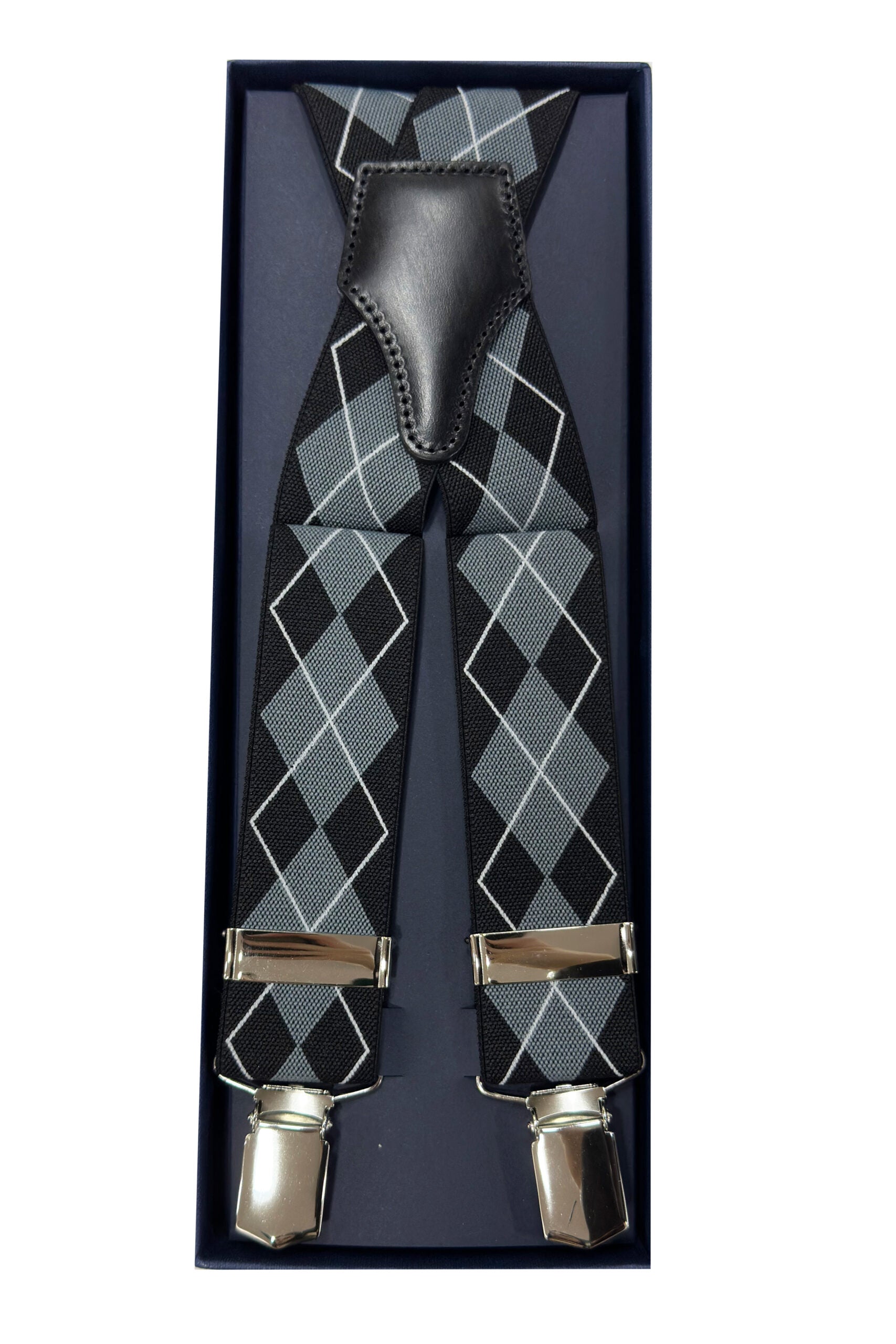 Bretelle da uomo grigie fantasia Elasticizzate 3,5 cm regolabili con chiusura pinze argento