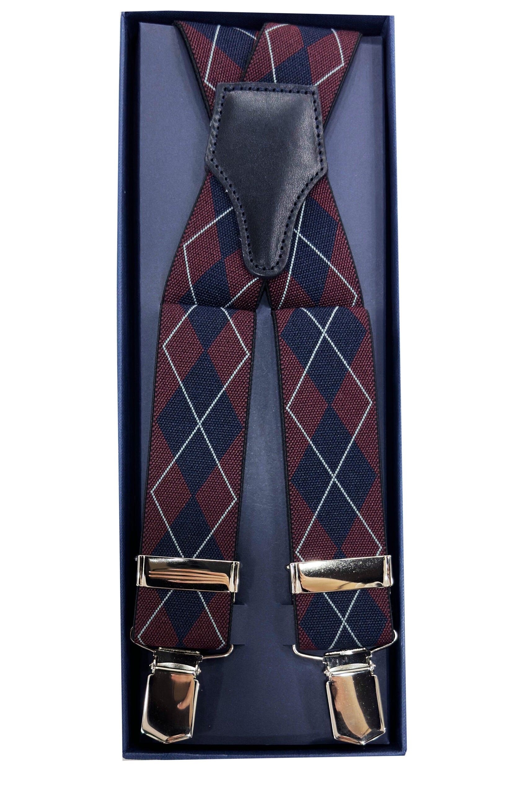 Bretelle da uomo Bordeaux fantasia Elasticizzate 3,5 cm regolabili con chiusura pinze argento
