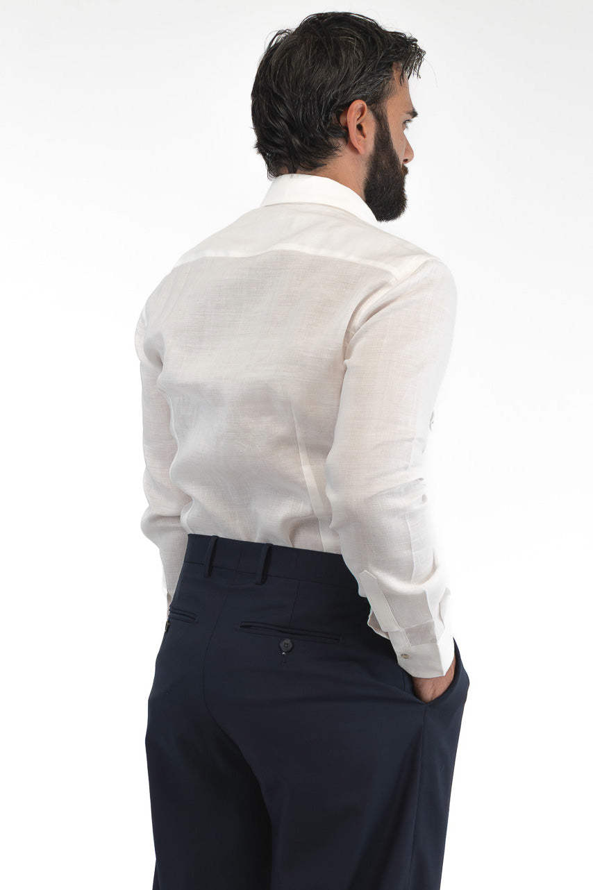 Camicia Uomo bianca modello texana in lino 100% made in italy collo semi francese morbido chiusura bottoni a pressione effetto madreperla con tasche sul davanti
