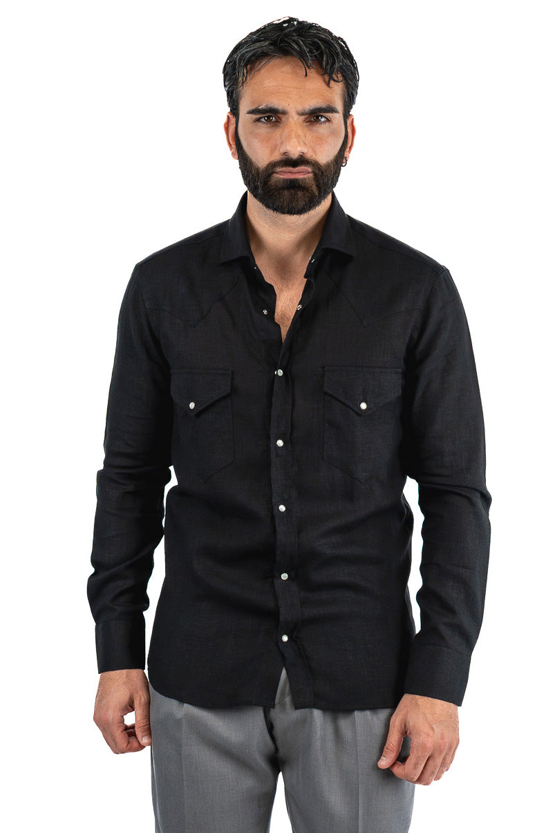 Camicia Uomo nera modello texana in lino 100% made in italy collo semi francese morbido chiusura bottoni a pressione effetto madreperla con tasche sul davanti