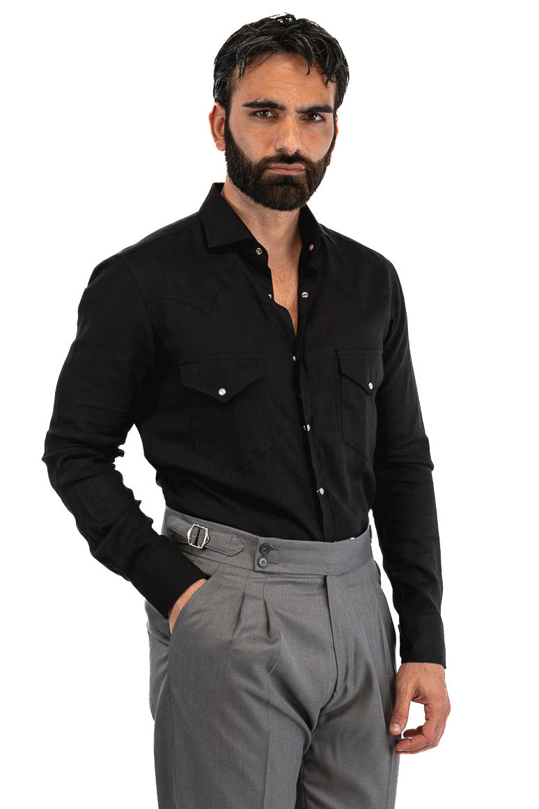 Camicia Uomo nera modello texana in lino 100% made in italy collo semi francese morbido chiusura bottoni a pressione effetto madreperla con tasche sul davanti
