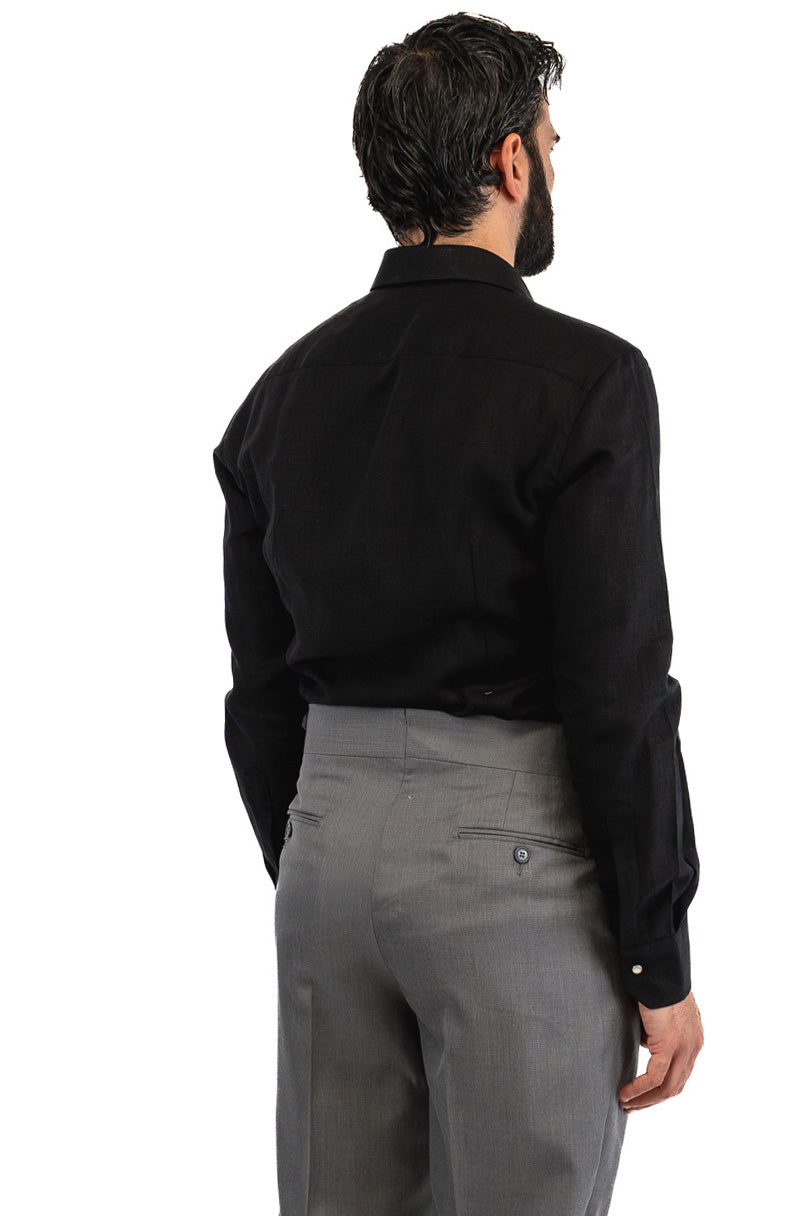 Camicia Uomo nera modello texana in lino 100% made in italy collo semi francese morbido chiusura bottoni a pressione effetto madreperla con tasche sul davanti