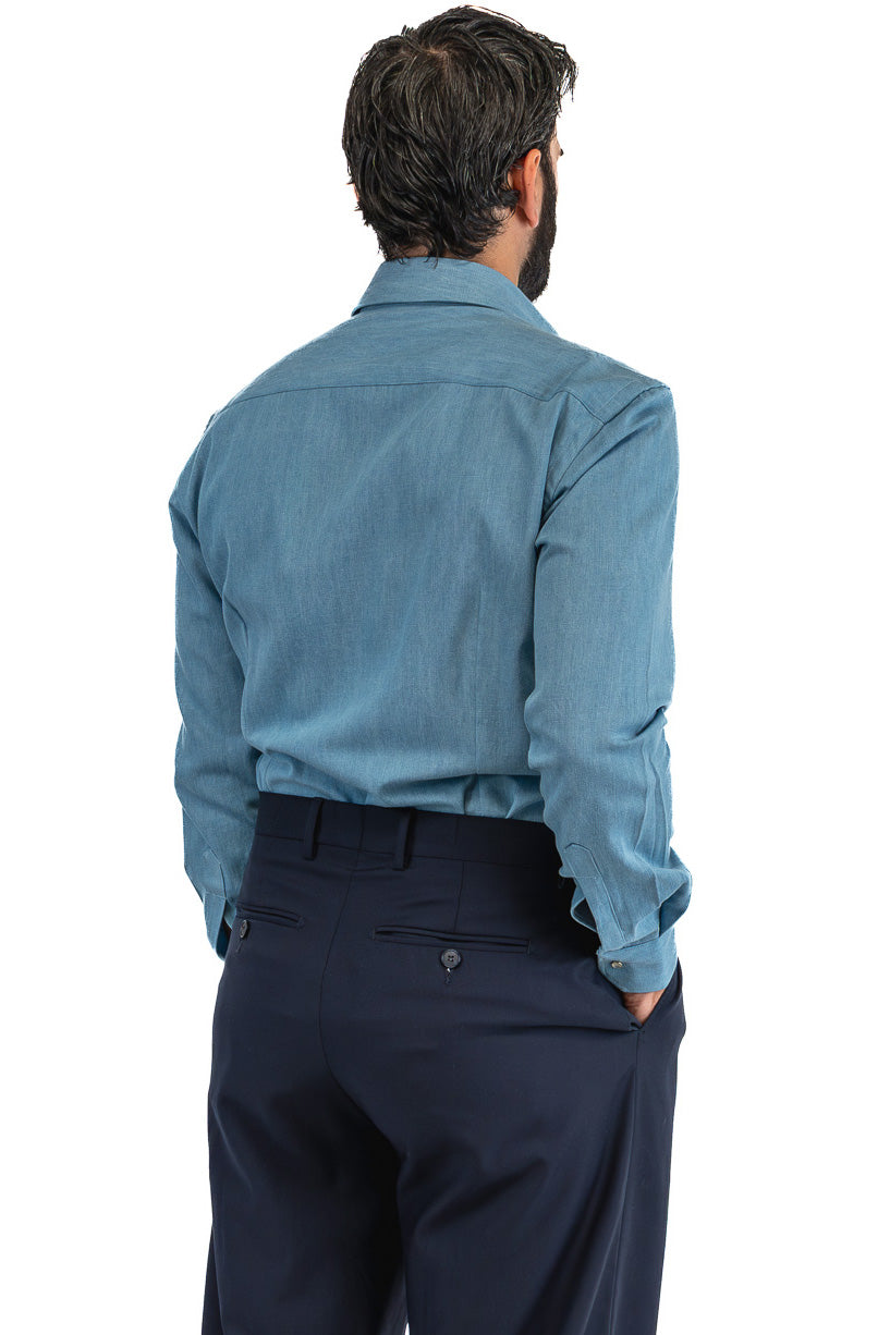 Camicia Uomo denim modello texana in cotone made in italy collo semi francese morbido chiusura bottoni a pressione effetto madreperla con tasche sul davanti