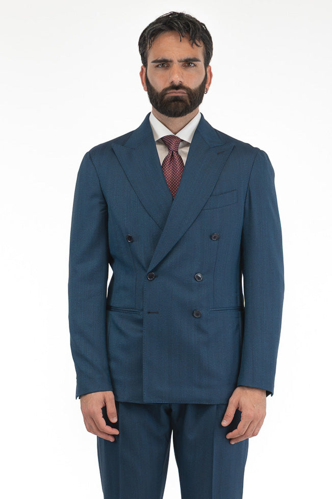 Abito spigato Blu ottanio doppiopetto fresco lana TessutiVitale Barberis Canonico completamente sfoderato con Rever a lancia e tasche a filetto