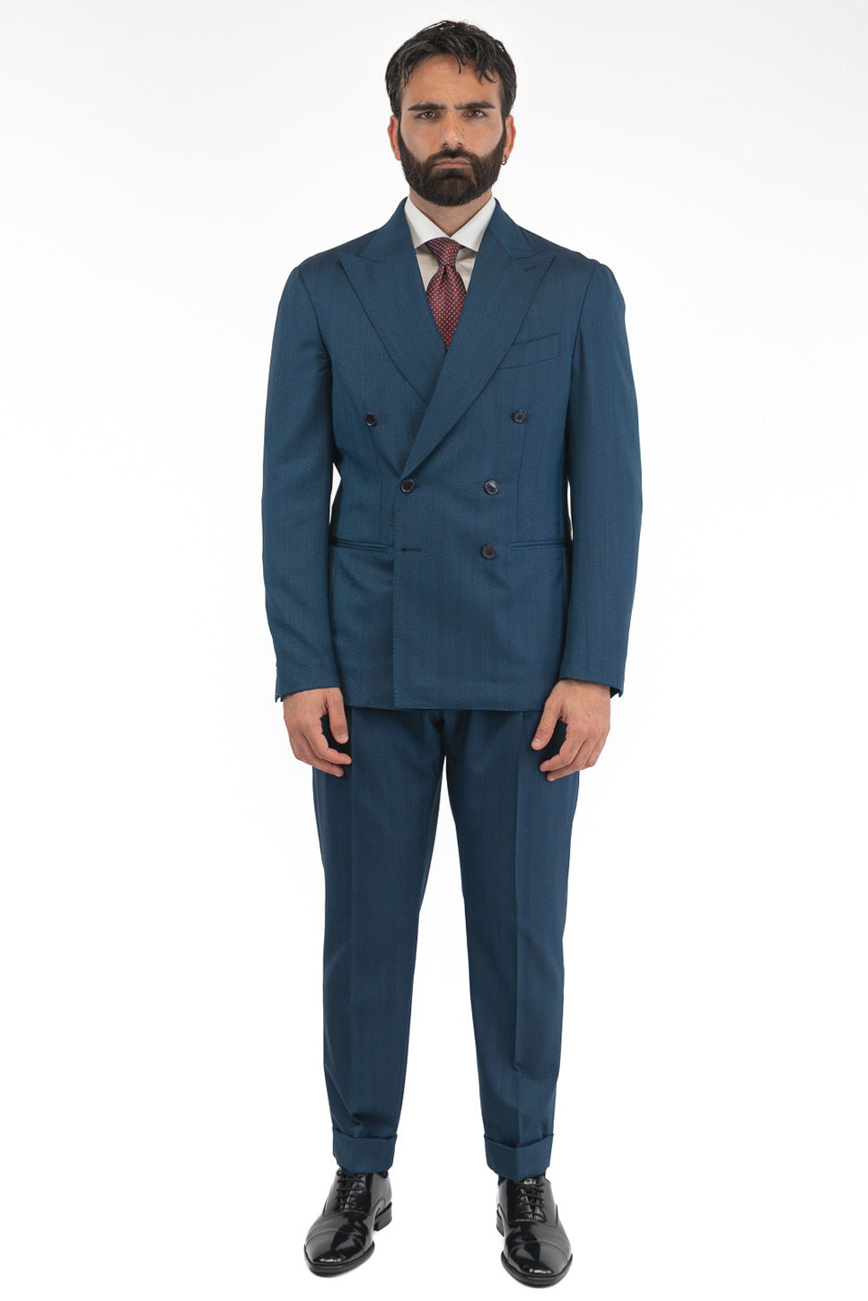 Abito spigato Blu ottanio doppiopetto fresco lana TessutiVitale Barberis Canonico completamente sfoderato con Rever a lancia e tasche a filetto