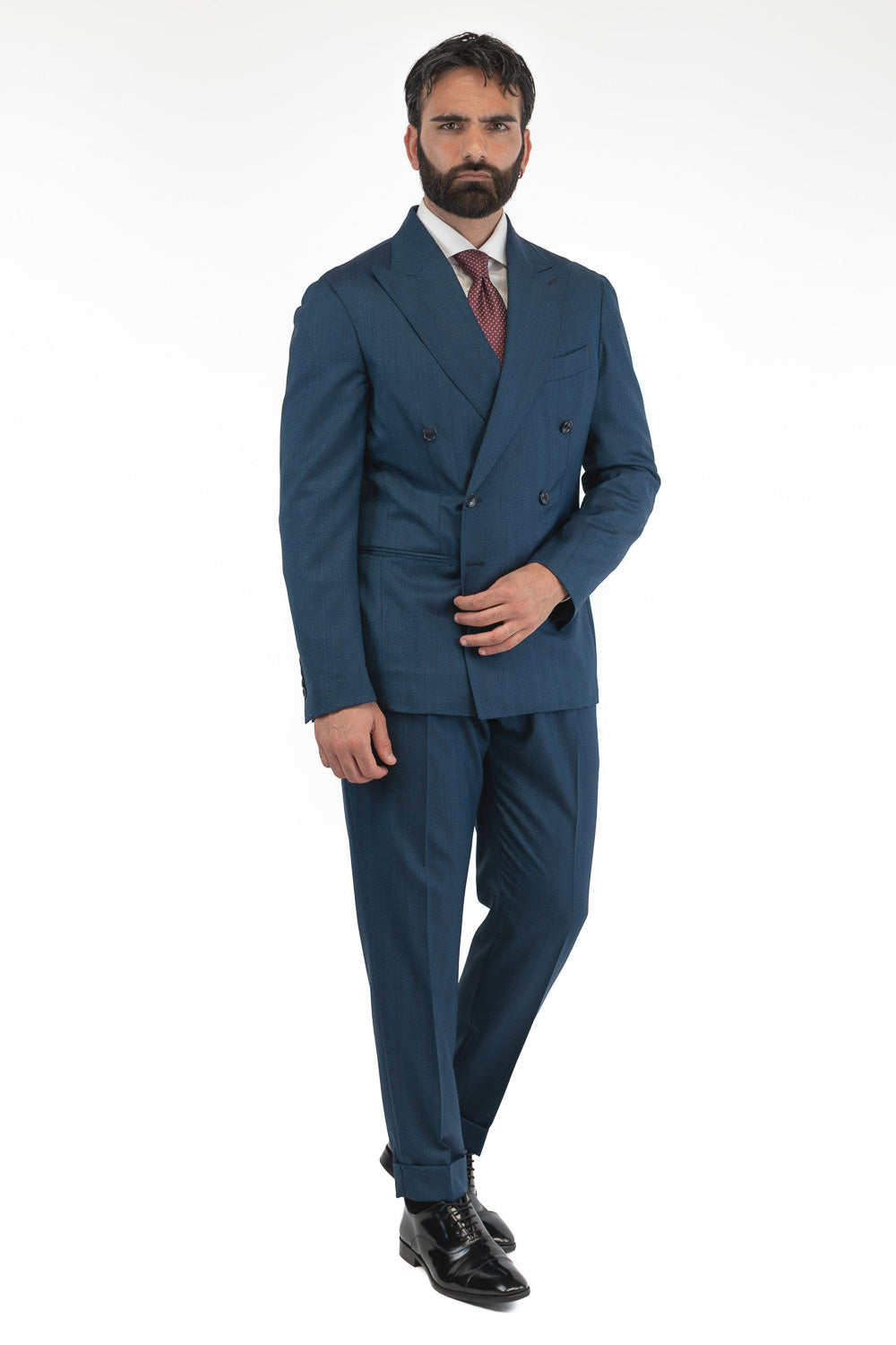 Abito spigato Blu ottanio doppiopetto fresco lana TessutiVitale Barberis Canonico completamente sfoderato con Rever a lancia e tasche a filetto