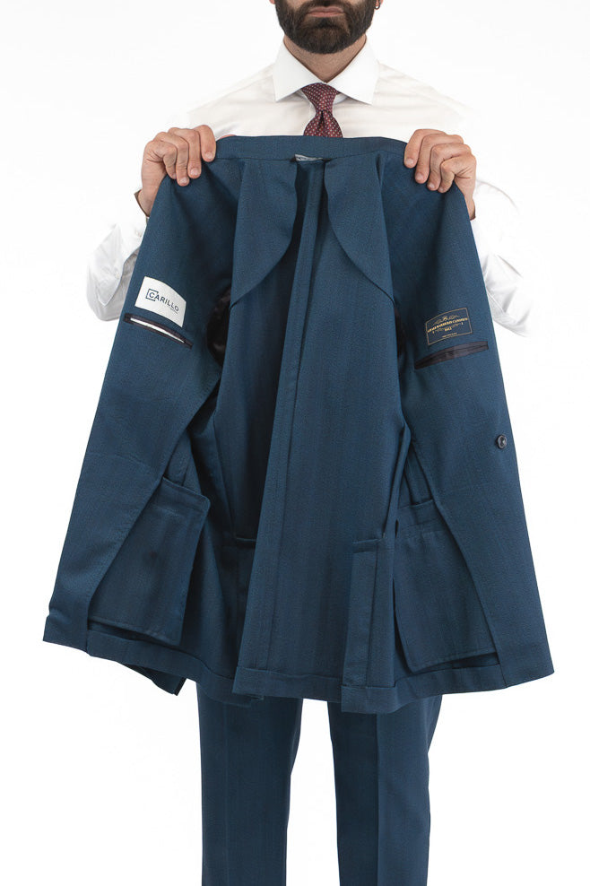 Abito spigato Blu ottanio doppiopetto fresco lana TessutiVitale Barberis Canonico completamente sfoderato con Rever a lancia e tasche a filetto