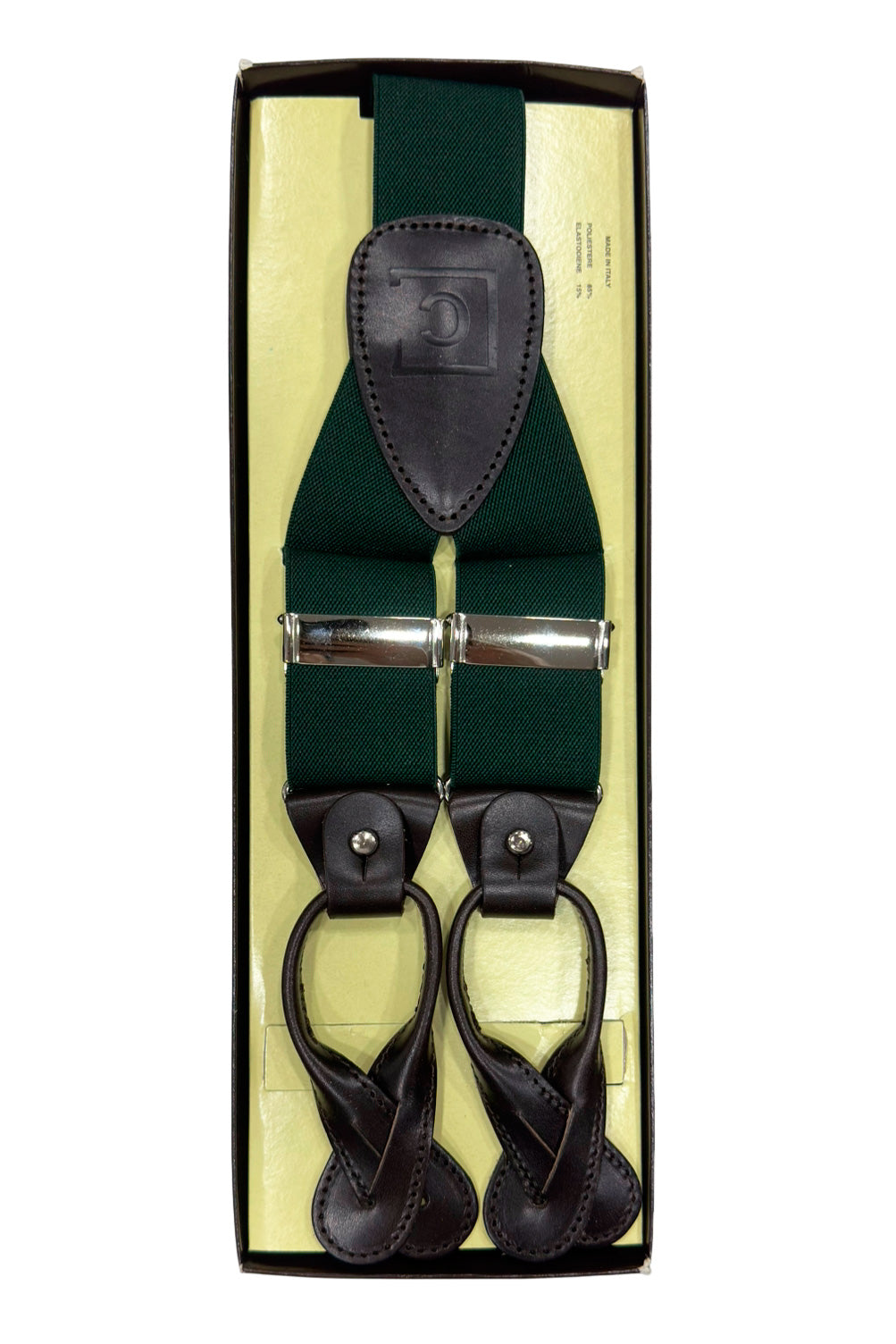 Bretelle da uomo Verde bottiglia elasticizzate 3,5 cm regolabili con chiusura chifferi color cuoio