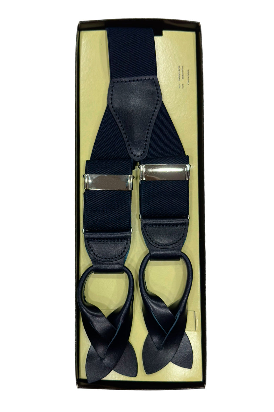 Bretelle da uomo blu elasticizzate 3,5 cm regolabili con chiusura chifferi color cuoio