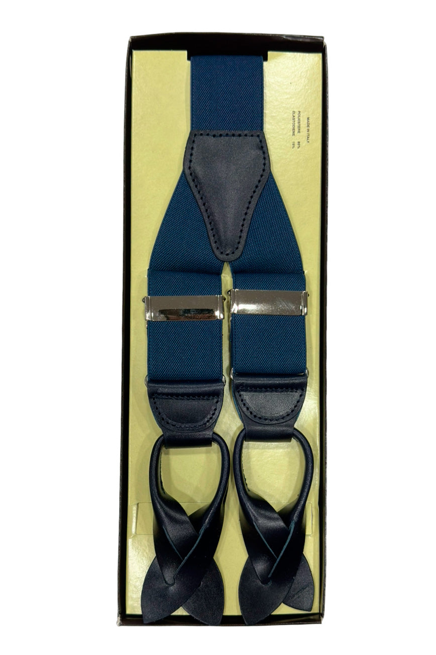 Bretelle da uomo bluette elasticizzate 3,5 cm regolabili con chiusura chifferi color cuoio