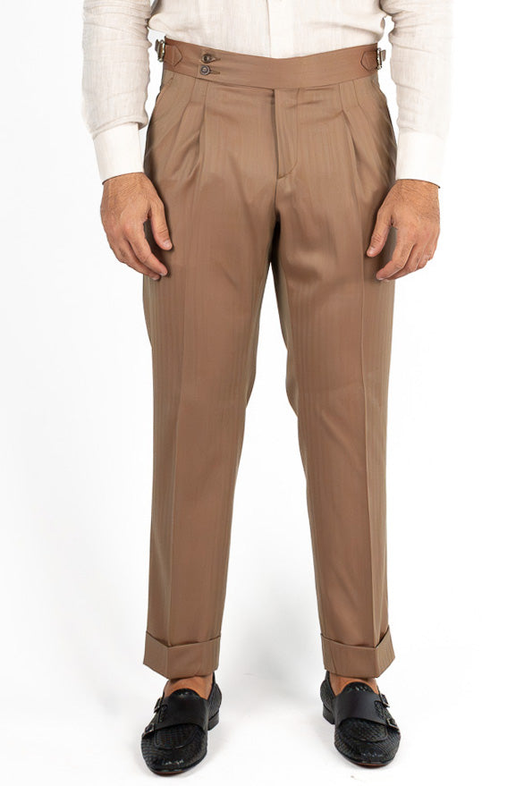 Pantalone fango solaro classico vita alta uomo fresco lana super 110's Sartoria Carillo Tessuti con fibbie laterali e risvolto 5cm