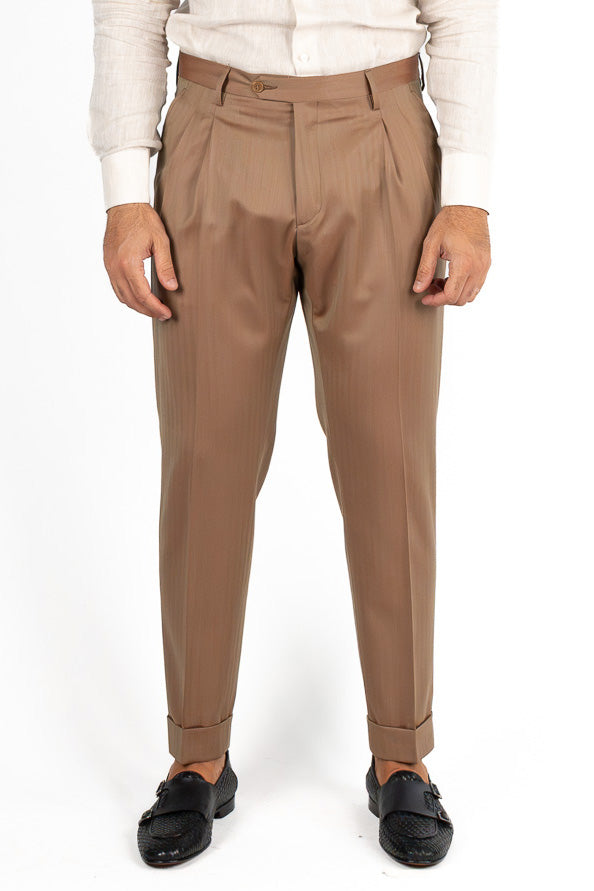 Pantalone fango solaro classico vita alta uomo fresco lana super 110's Sartoria Carillo Tessuti con doppia pinces e risvolto 5cm