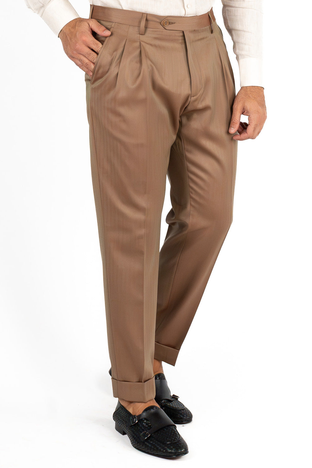 Pantalone fango solaro classico vita alta uomo fresco lana super 110's Sartoria Carillo Tessuti con doppia pinces e risvolto 5cm
