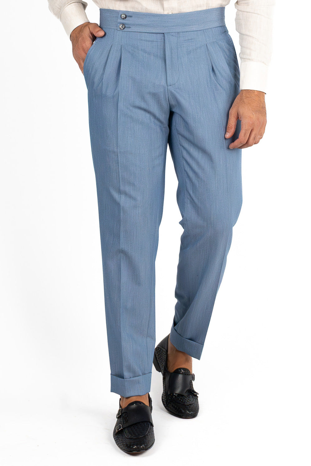 Pantalone uomo denim vita alta tasca america in poliviscosa risvolto 5cm made in italy