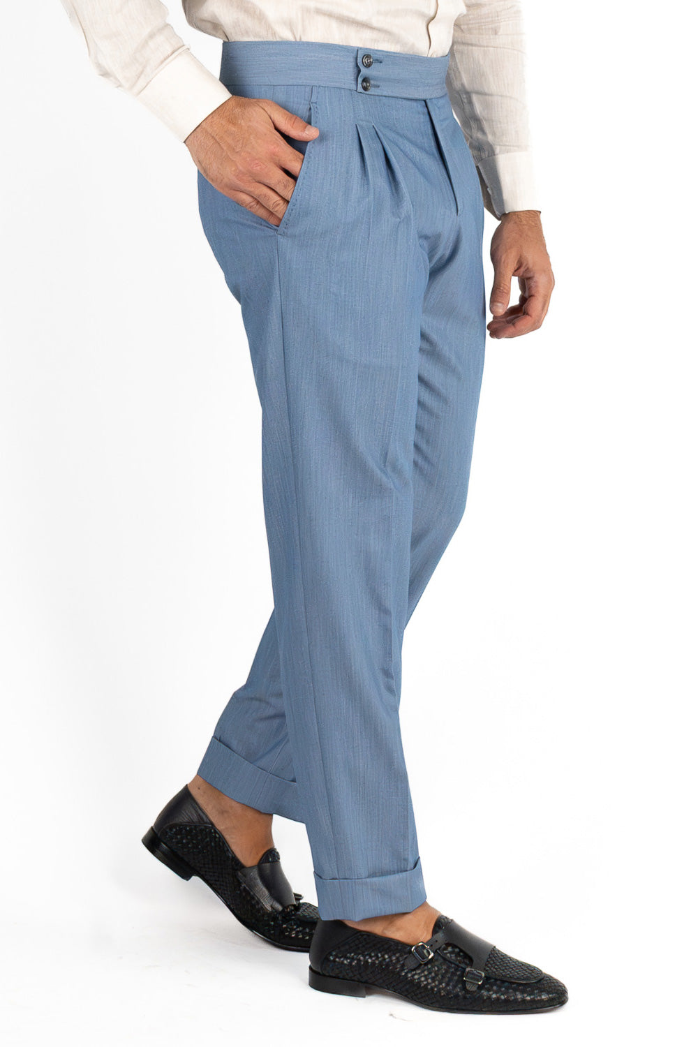Pantalone uomo denim vita alta tasca america in poliviscosa risvolto 5cm made in italy