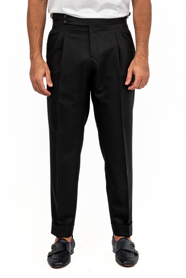 Pantalone uomo nero vita alta tasca america in poliviscosa risvolto 5cm made in italy