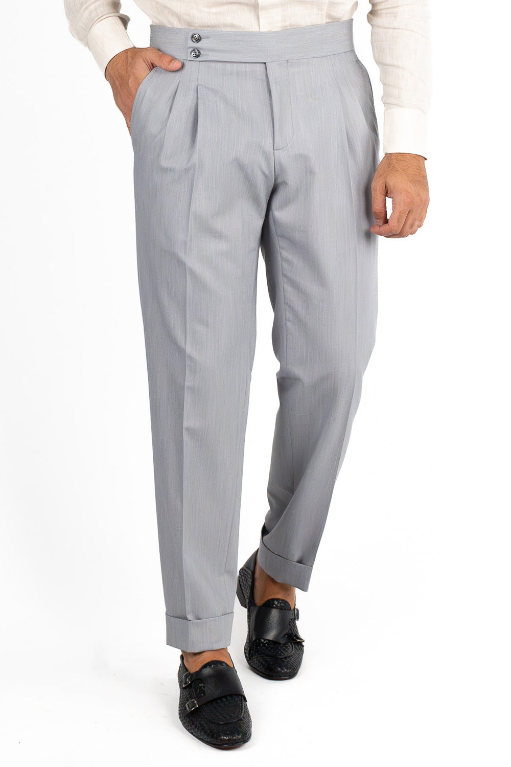 Pantalone uomo Grigio vita alta tasca america in poliviscosa risvolto 5cm made in italy