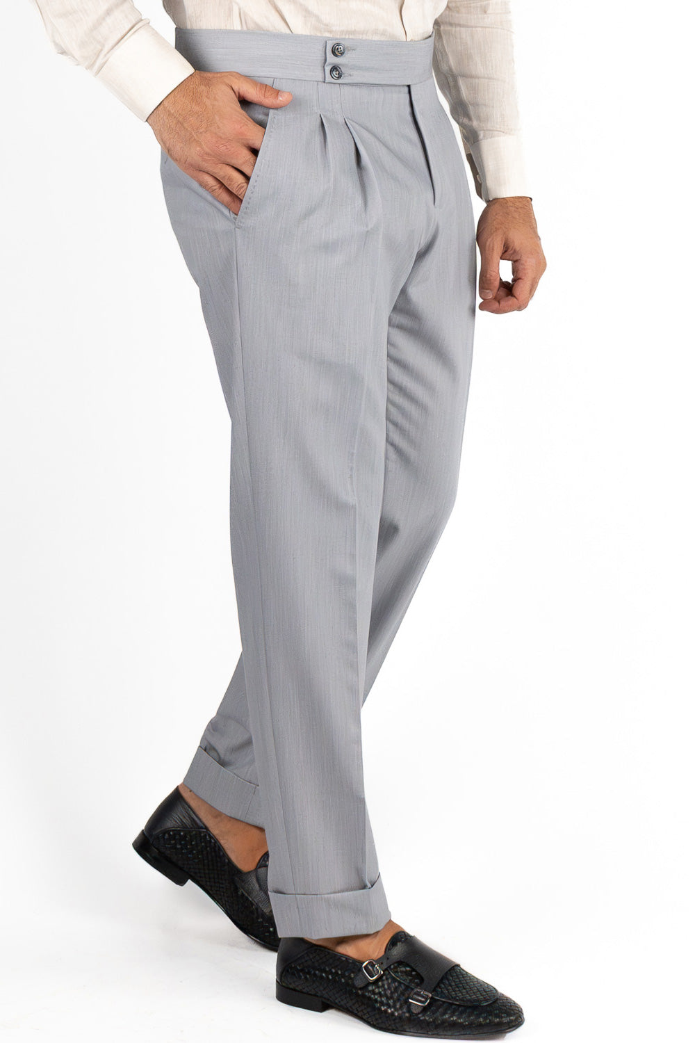 Pantalone uomo Grigio vita alta tasca america in poliviscosa risvolto 5cm made in italy