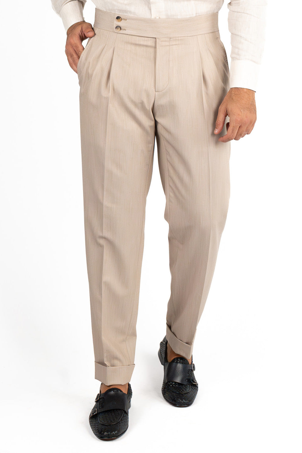 Pantalone uomo Beige vita alta tasca america in poliviscosa risvolto 5cm made in italy