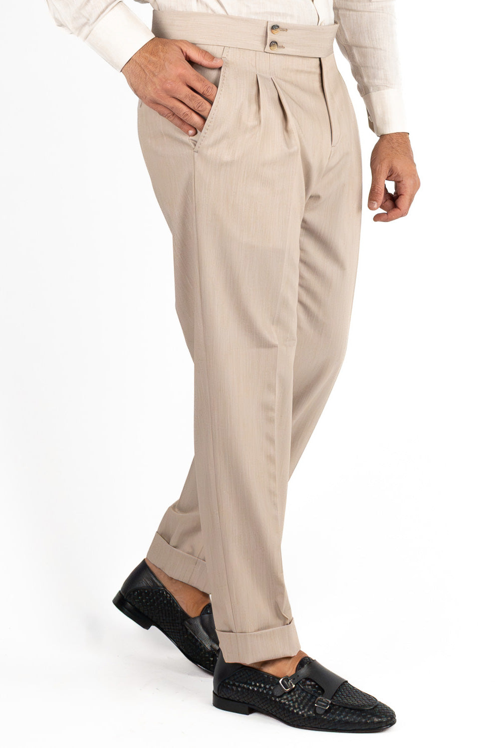 Pantalone uomo Beige vita alta tasca america in poliviscosa risvolto 5cm made in italy