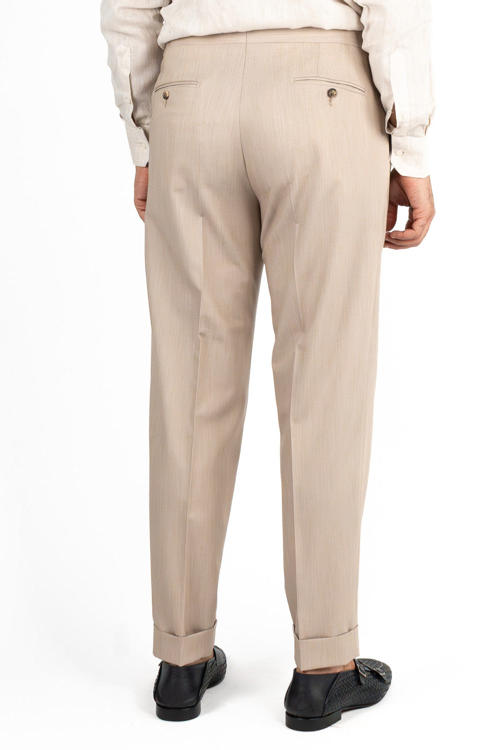 Pantalone uomo Beige vita alta tasca america in poliviscosa risvolto 5cm made in italy