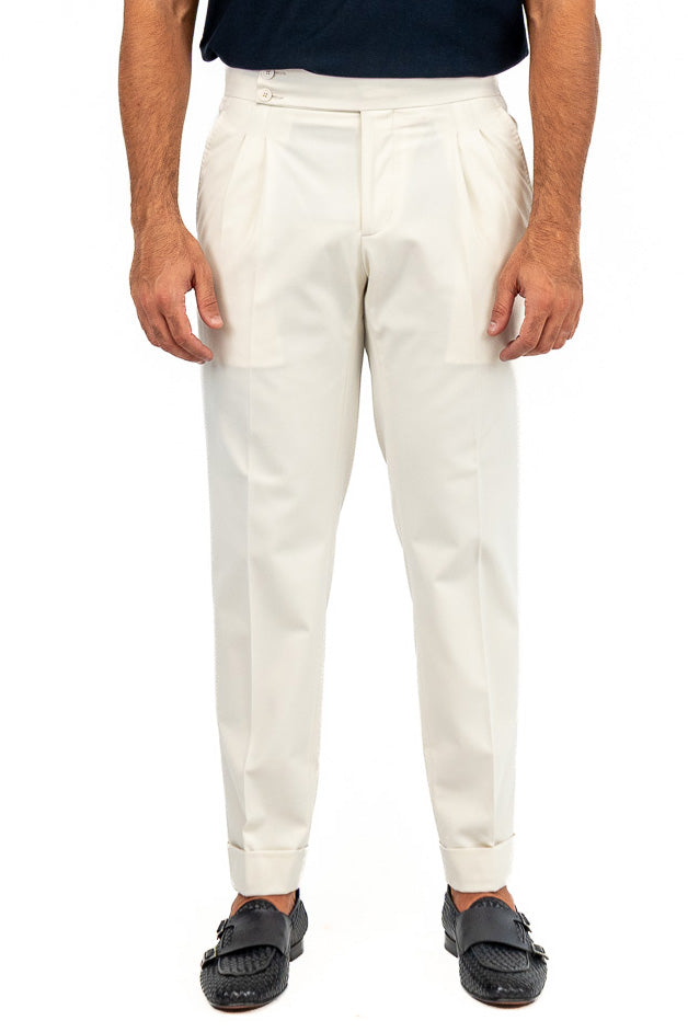Pantalone uomo Panna vita alta doppia pinces tasca america in lana flanella mista 290gr invernale risvolto 5cm made in italy
