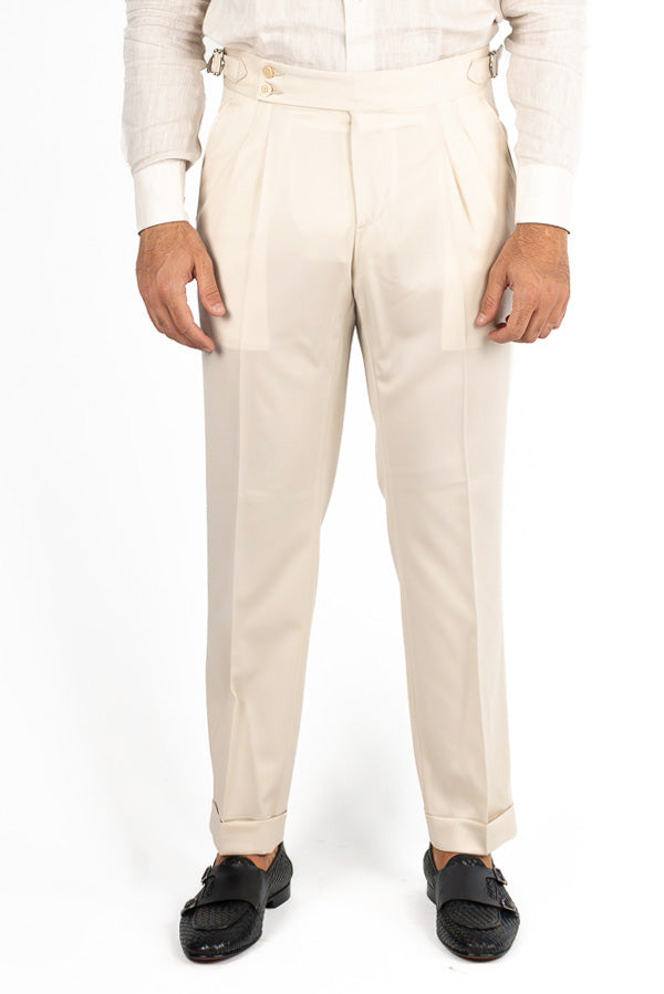 Pantalone beige vita alta con fibbie laterali regolabili e doppie pinces risvolto 5cm da uomo in 100% fresco lana Carillo Drapers