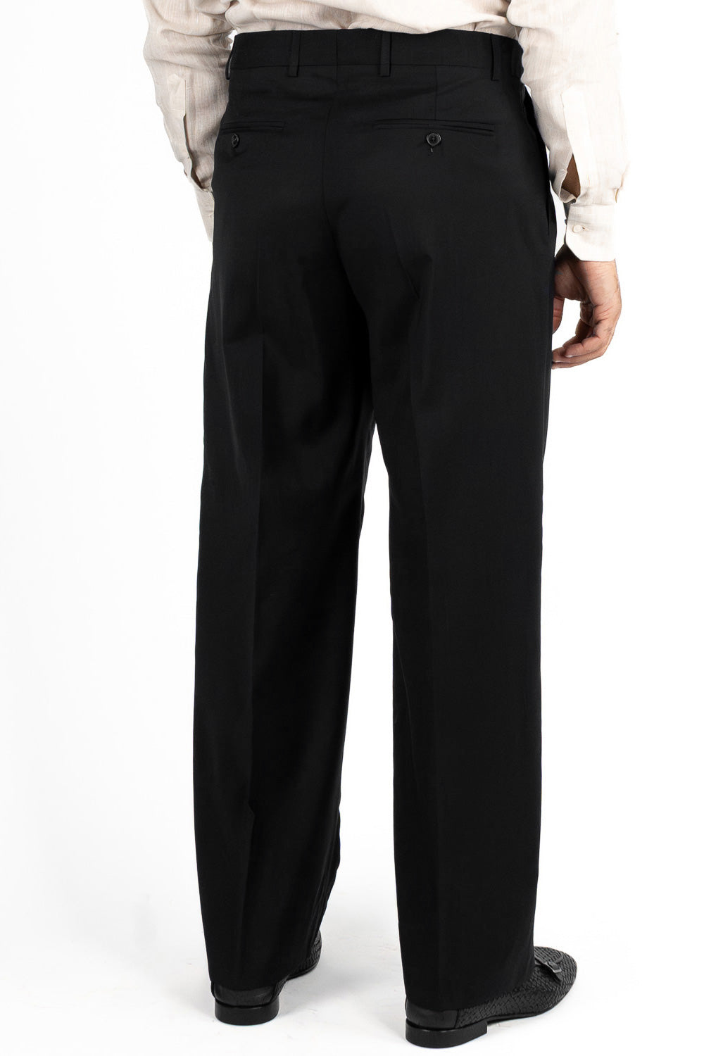 Pantalone japan nero con passanti uomo in fresco lana super 110's Tessuti in esclusiva Sartoria Carillo vita alta doppia pinces