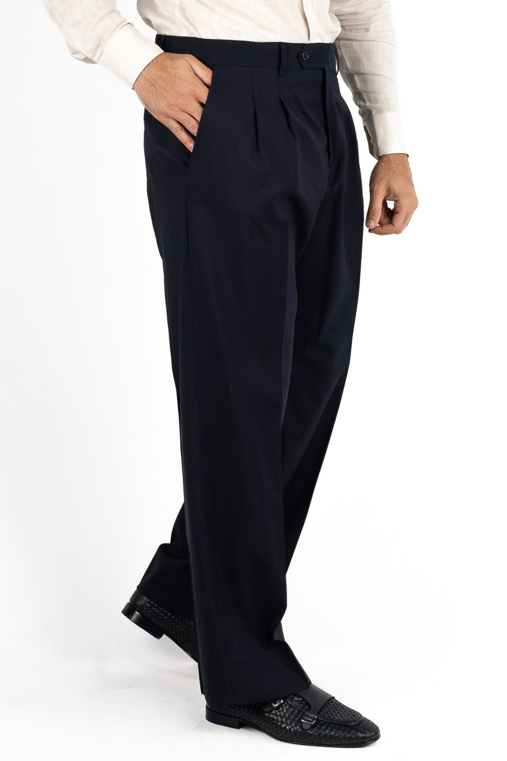 Pantalone japan Blu con passanti uomo in fresco lana super 110's Tessuti in esclusiva Sartoria Carillo vita alta doppia pinces