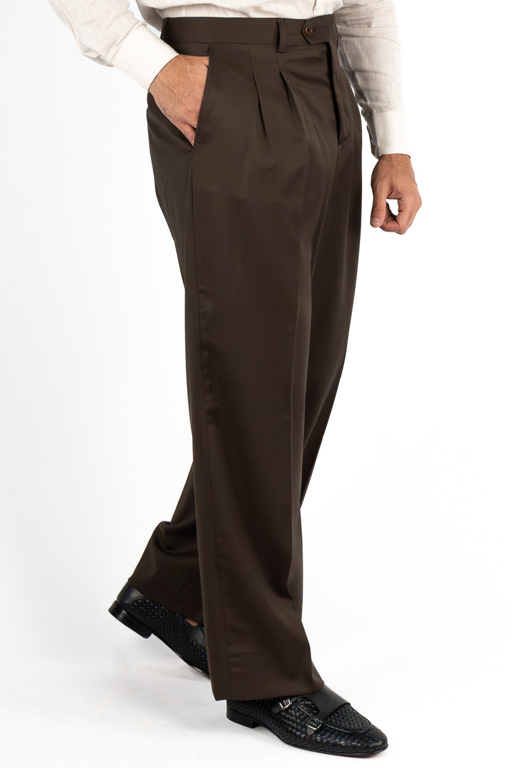 Pantalone japan Marrone con passanti uomo in fresco lana super 110's Tessuti in esclusiva Sartoria Carillo vita alta doppia pinces