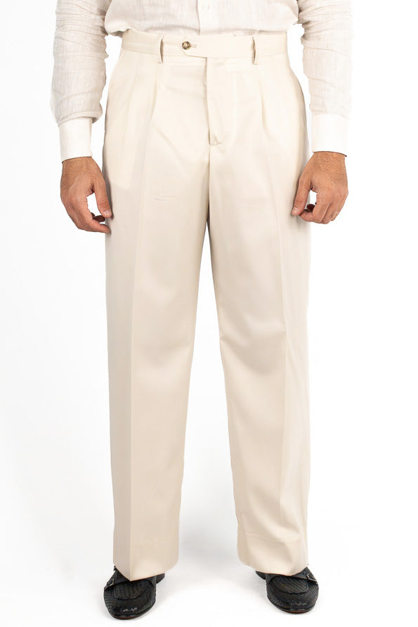 Pantalone japan Beige con passanti uomo in fresco lana super 110's Tessuti in esclusiva Sartoria Carillo vita alta doppia pinces