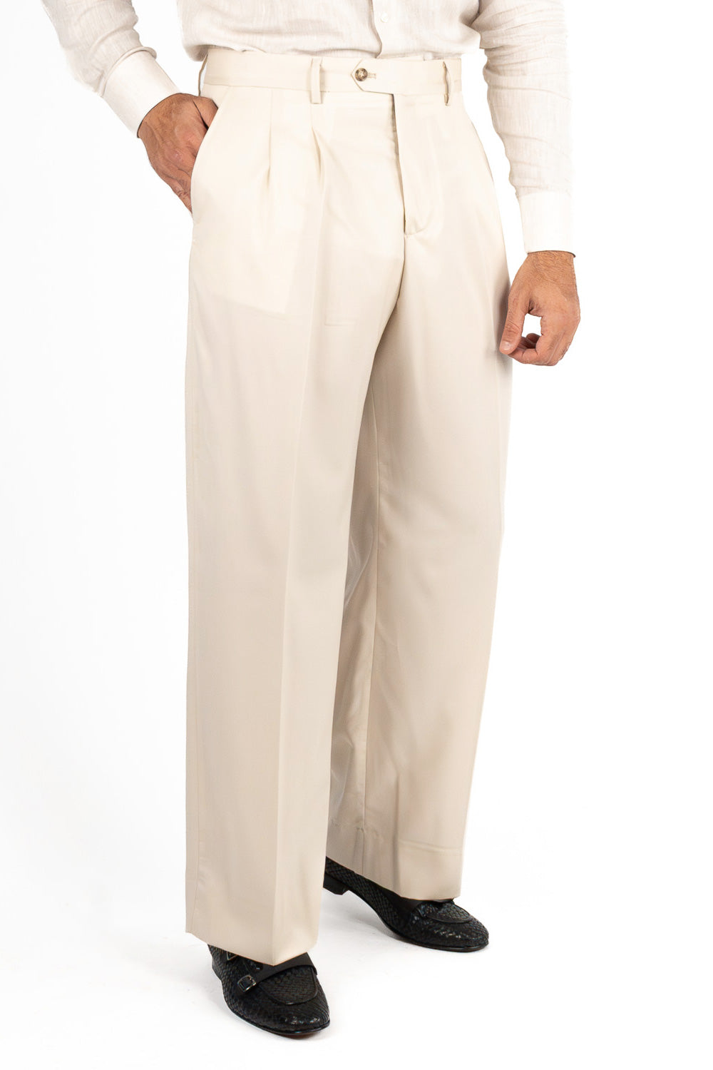 Pantalone japan Beige con passanti uomo in fresco lana super 110's Tessuti in esclusiva Sartoria Carillo vita alta doppia pinces