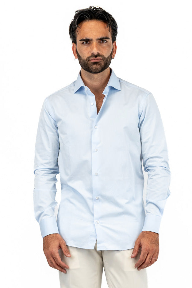 Camicia Uomo slim Fit celeste 100% cotone no iron Tinta unita collo semi francese
