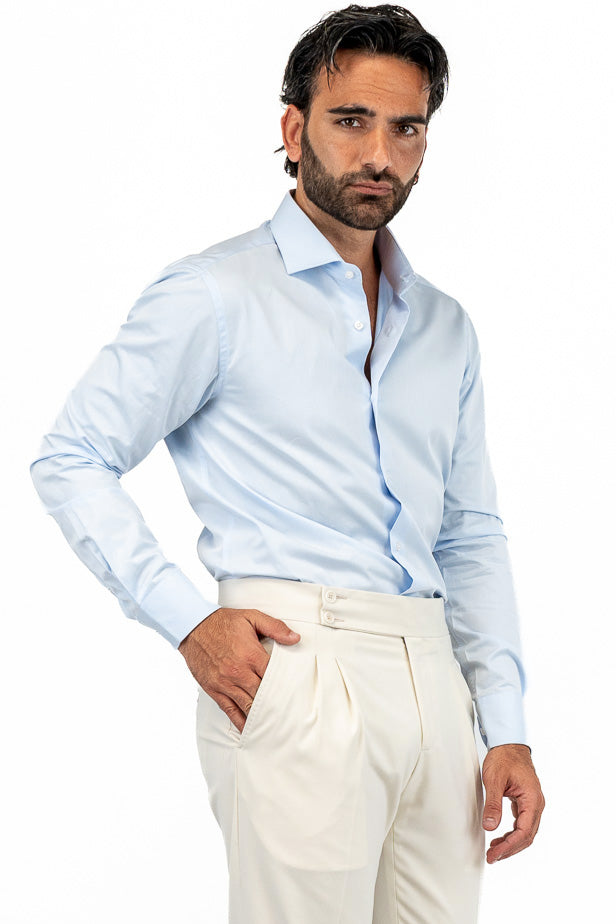 Men's Slim Fit Shirt light blue 100% cotton non-iron Plain semi-spread collar