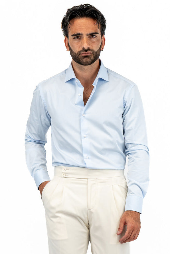 Men's Slim Fit Shirt light blue 100% cotton non-iron Plain semi-spread collar