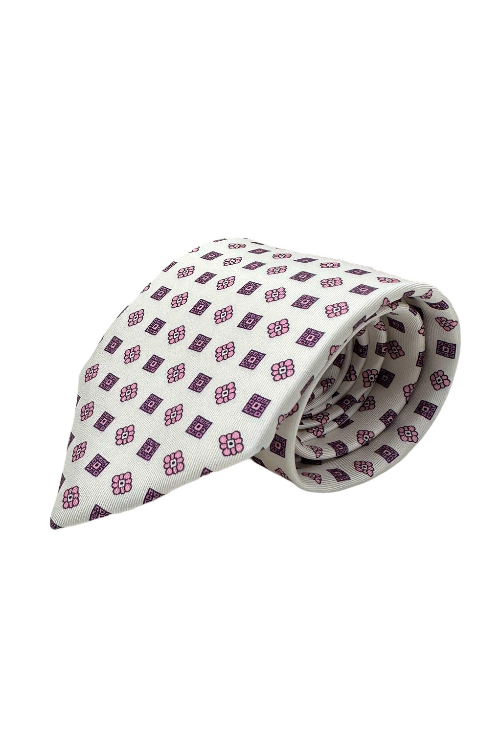Cravatta uomo bianca 9cm fantasia in pura seta cucita a mano.