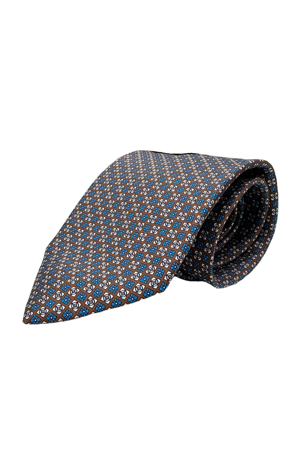 Cravatta uomo Marrone fantasia in pura seta cucita a mano costruzione 3 piege larghezza 9cm.