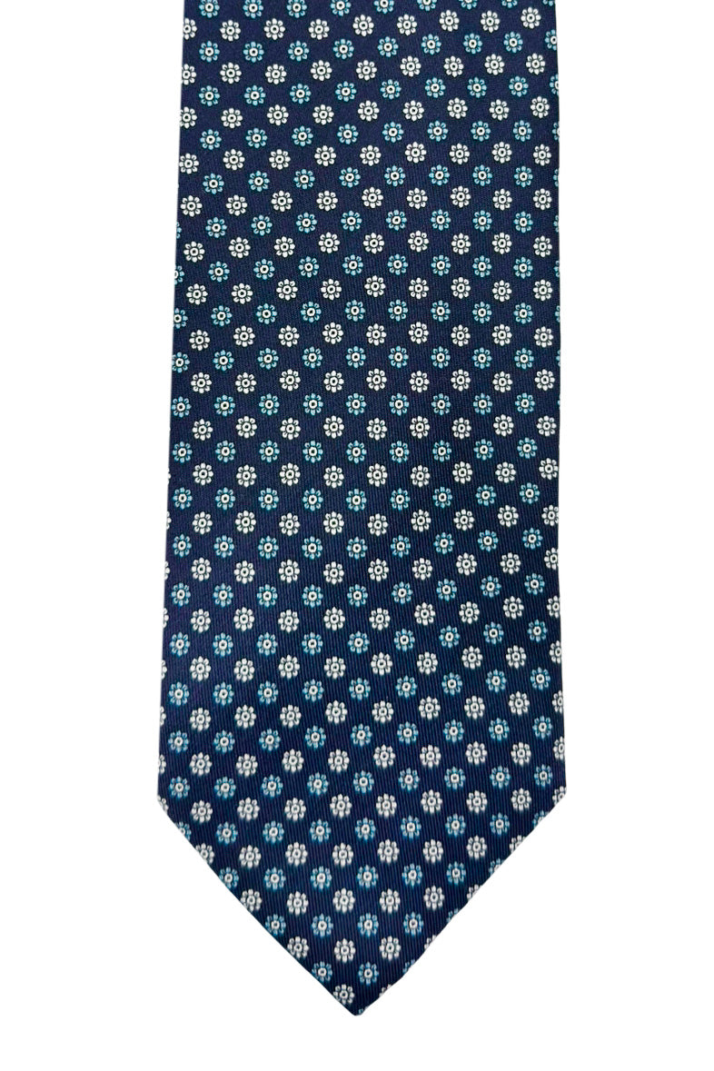 Cravatta uomo blu 9cm fantasia in pura seta cucita a mano.