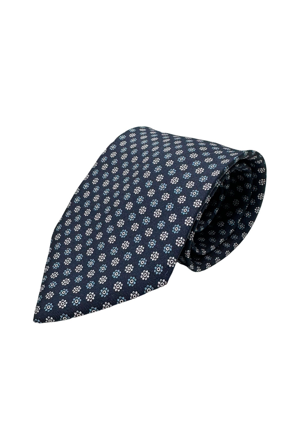 Cravatta uomo blu 9cm fantasia in pura seta cucita a mano.