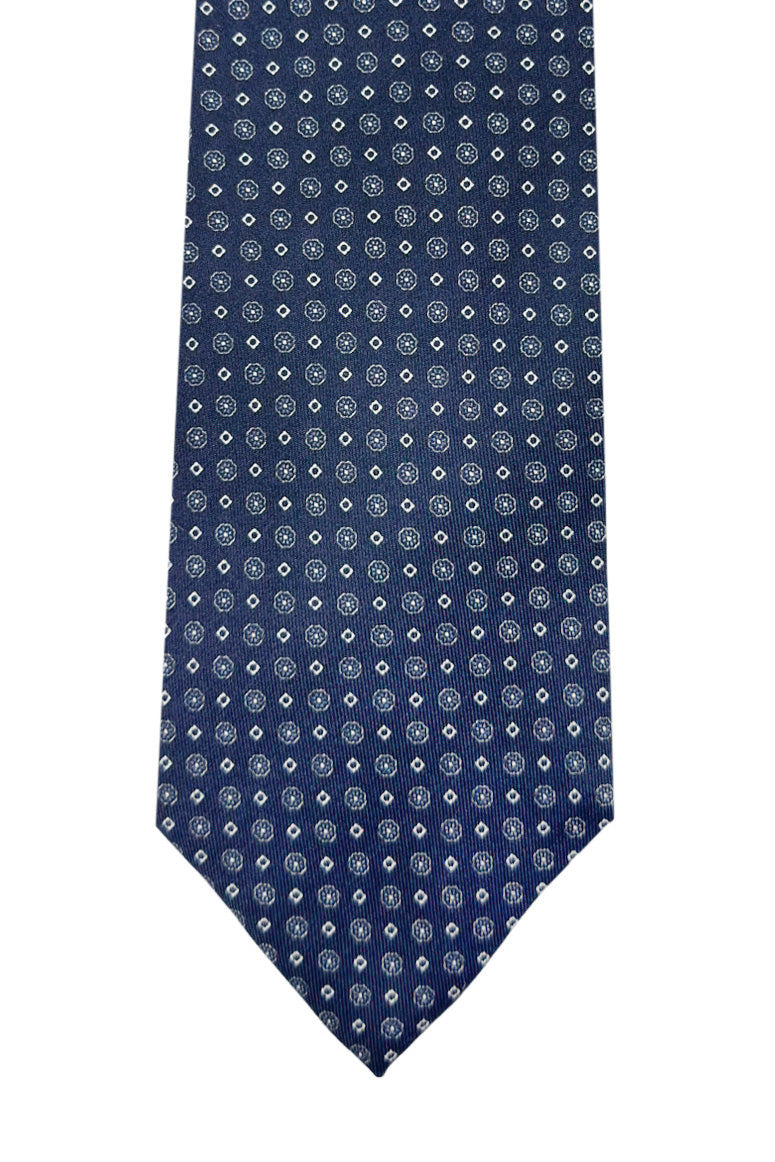 Cravatta uomo blu 9cm fantasia in pura seta cucita a mano.