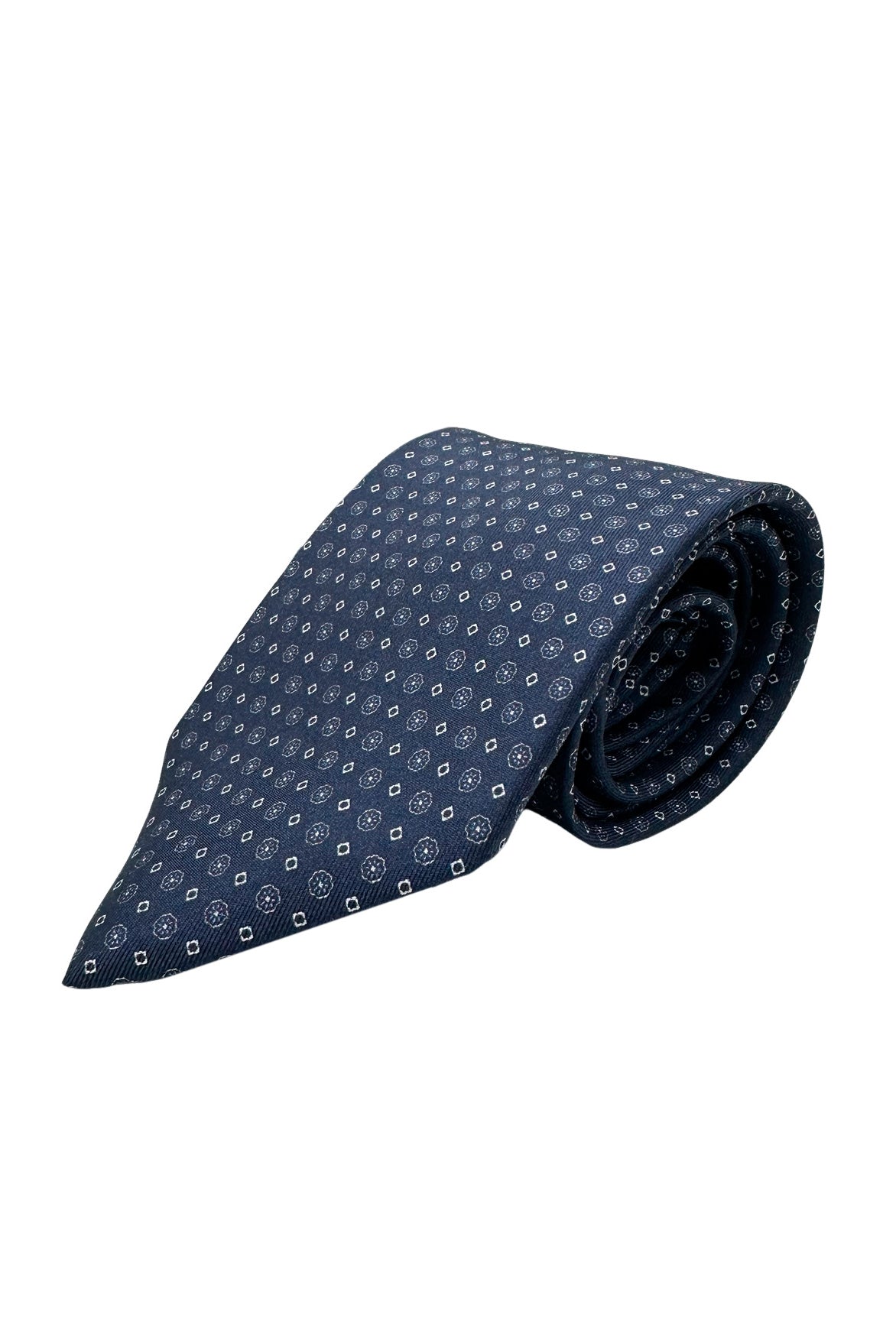 Cravatta uomo blu 9cm fantasia in pura seta cucita a mano.