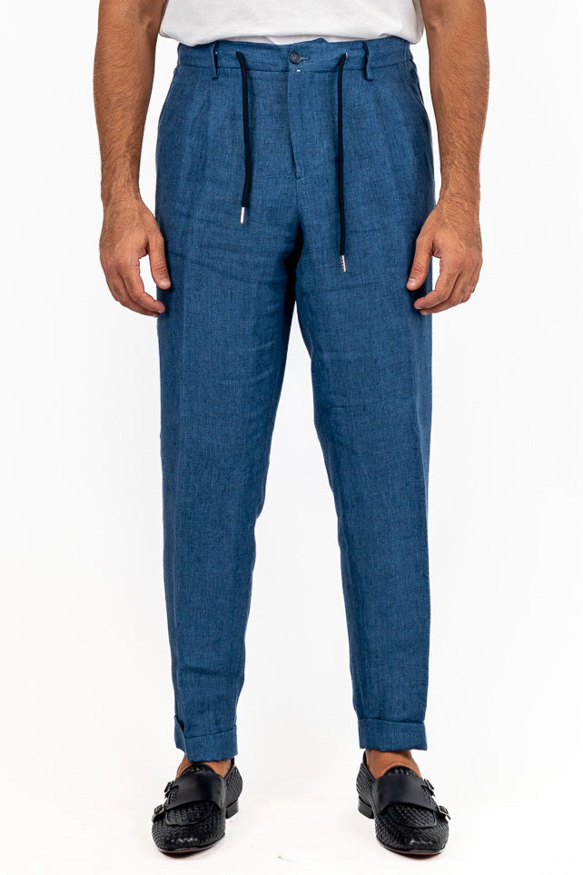 Pantalaccio uomo denim lino Irlandese e seta Vitale Barberis Canonico made in italy tasca america con doppia pence e laccio in vita risvolto 5cm