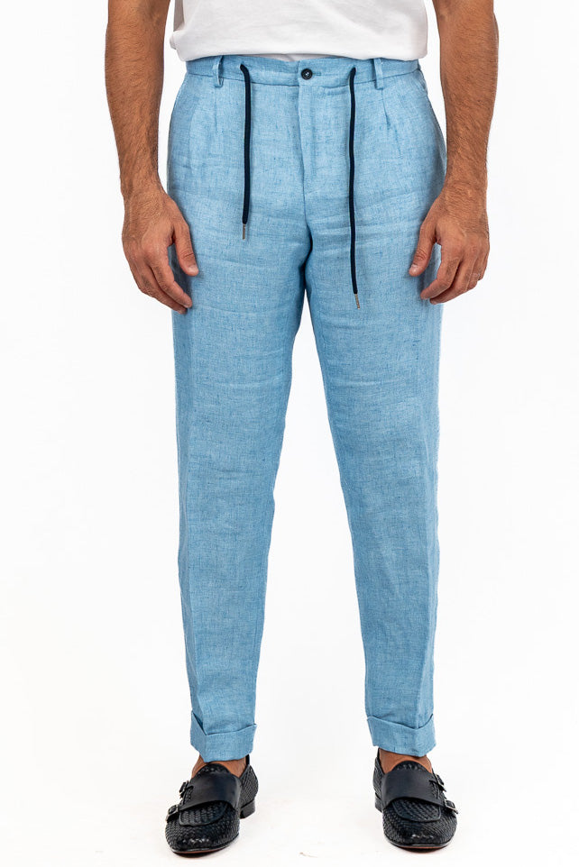 Pantalaccio uomo Azzurro lino Irlandese e seta Vitale Barberis Canonico made in italy tasca america con doppia pence e laccio in vita risvolto 5cm