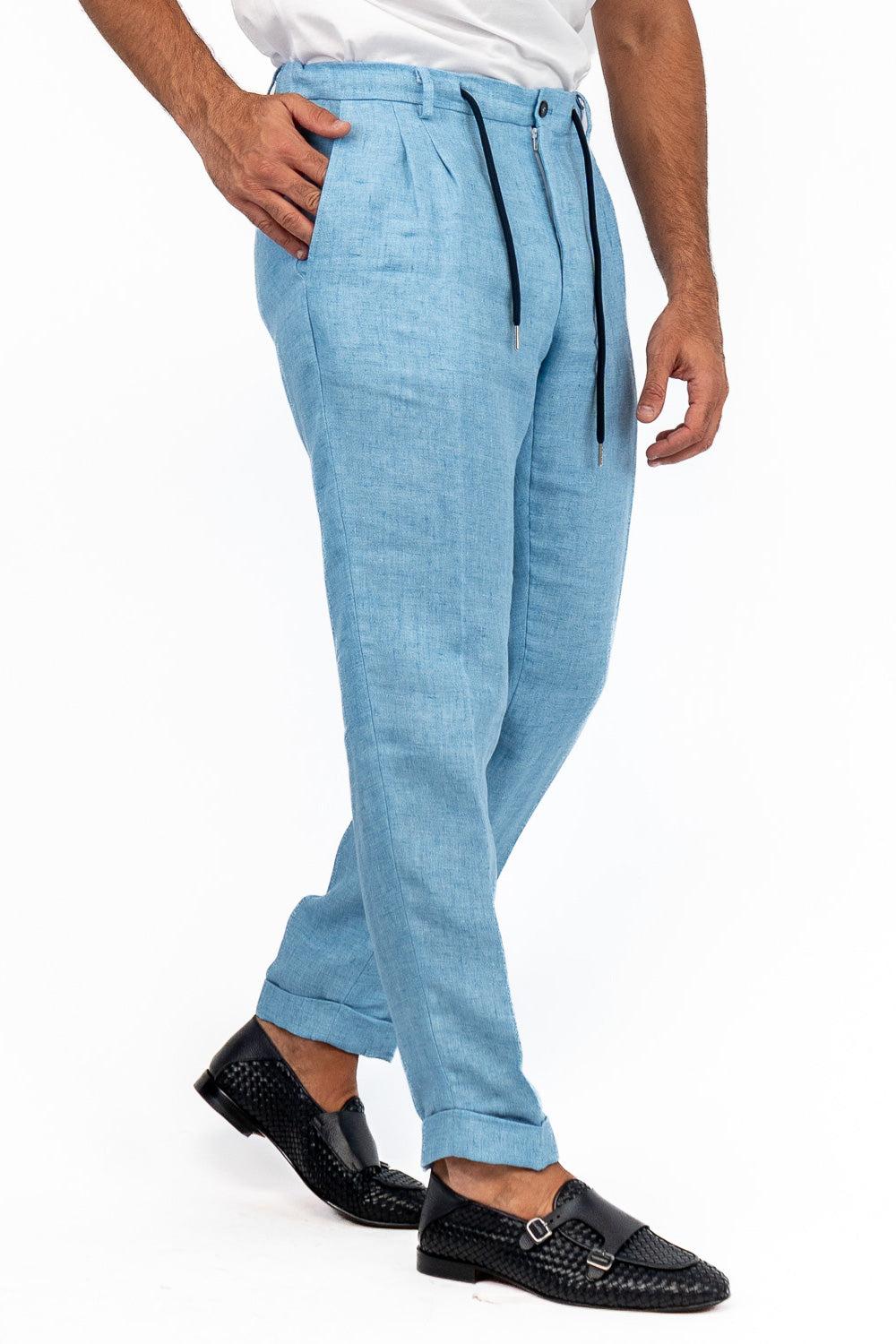 Pantalaccio uomo Azzurro lino Irlandese e seta Vitale Barberis Canonico made in italy tasca america con doppia pence e laccio in vita risvolto 5cm