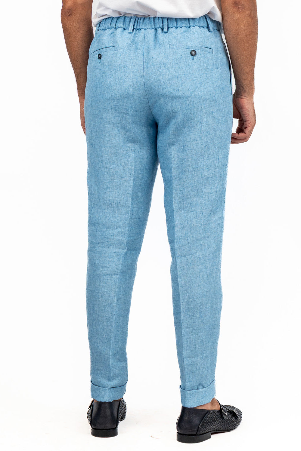 Pantalaccio uomo Azzurro lino Irlandese e seta Vitale Barberis Canonico made in italy tasca america con doppia pence e laccio in vita risvolto 5cm
