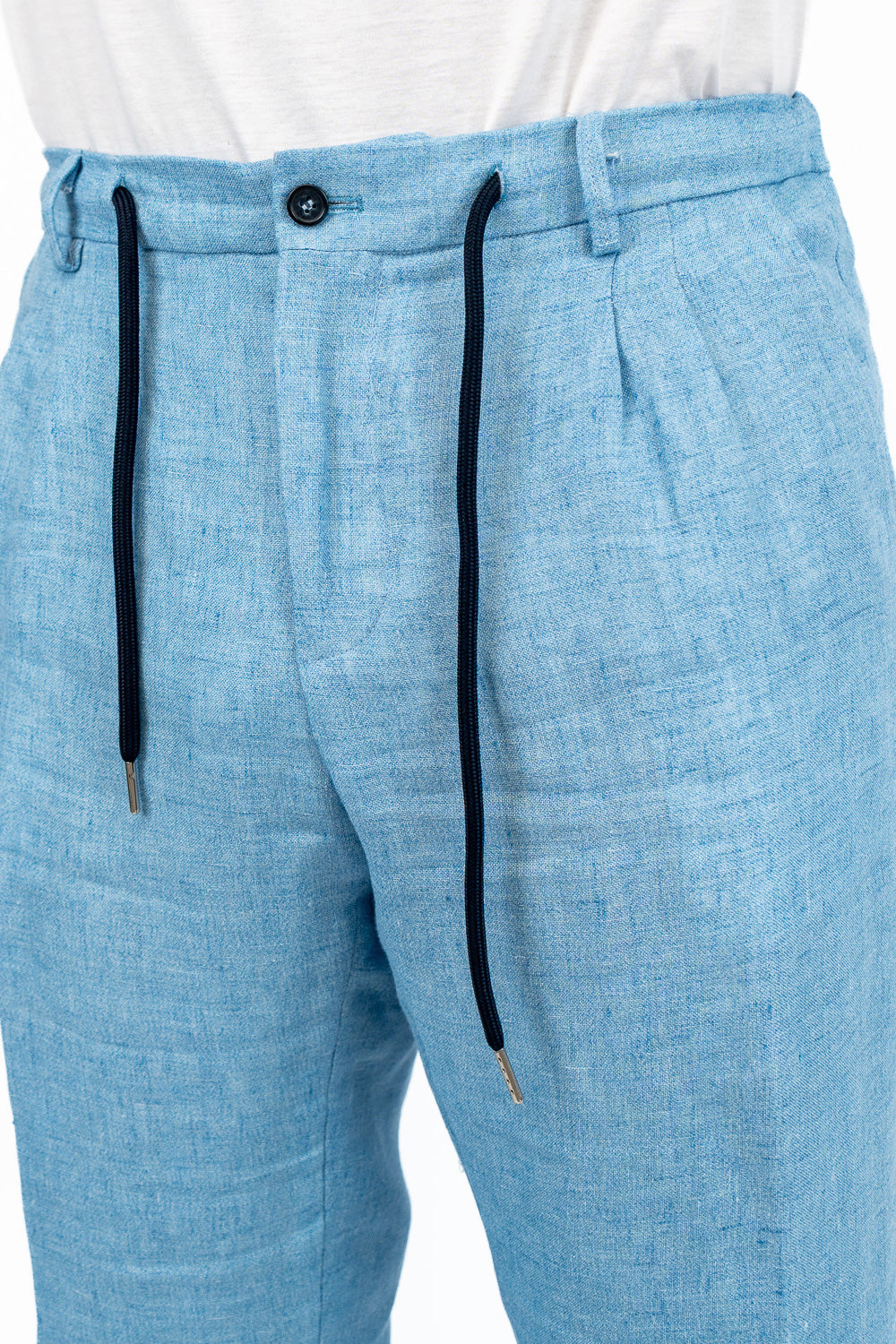 Pantalaccio uomo Azzurro lino Irlandese e seta Vitale Barberis Canonico made in italy tasca america con doppia pence e laccio in vita risvolto 5cm