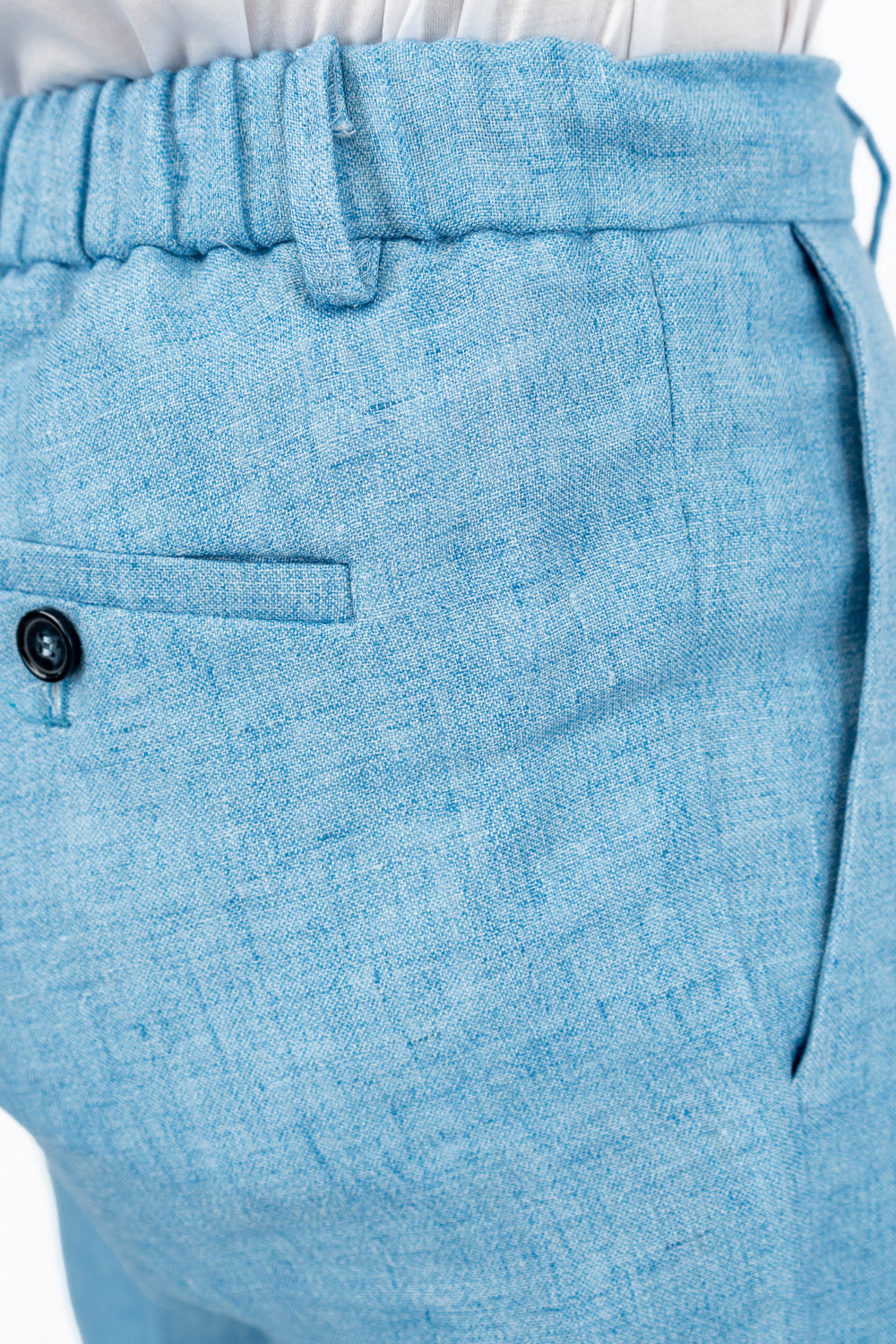 Pantalaccio uomo Azzurro lino Irlandese e seta Vitale Barberis Canonico made in italy tasca america con doppia pence e laccio in vita risvolto 5cm