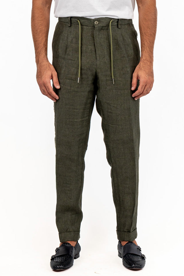 Pantalaccio uomo Verde scuro lino Irlandese e seta Vitale Barberis Canonico made in italy tasca america con doppia pence e laccio in vita risvolto 5cm